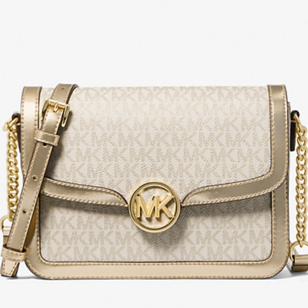 MICHAEL KORS Leida Medium Metallic Signature Logo Shoulder Bag Gold